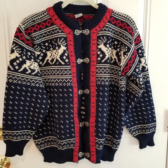 Dale Norway Blue Fair Isle Reindeer Chunky Wool Cardigan Sweater sz S 40 Unisex - Picture 2 of 15